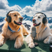 Two golden retrievers podcasting on top of a mountain